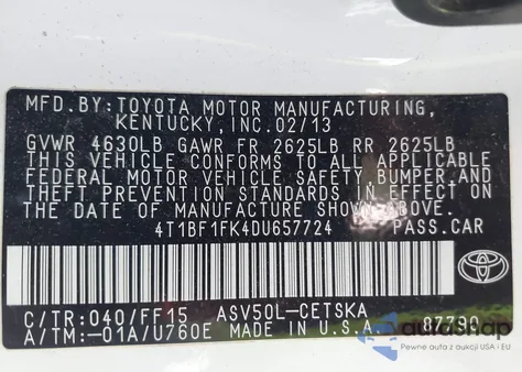2013 Toyota Camry Se from USA, damaged, VIN 4T1BF1FK4DU657724